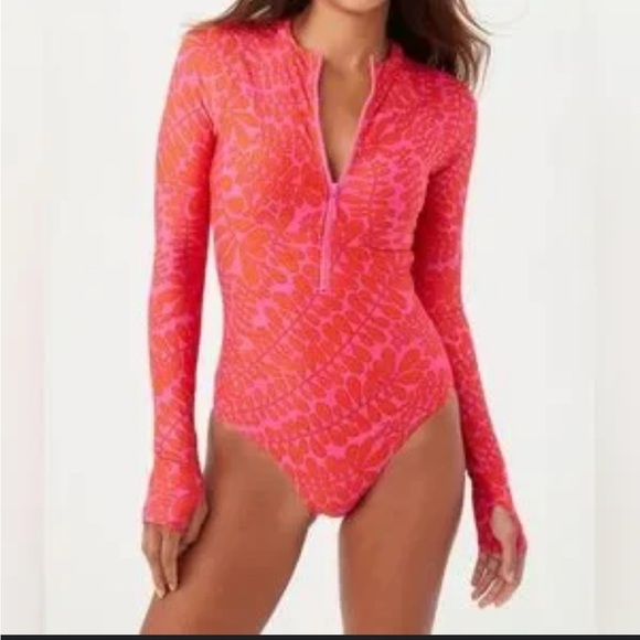 Pink and Orange Long Sleeve One Piece Swimsuit - Picture 2 of 14